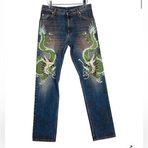 Gucci embroidered dragon denim jeans